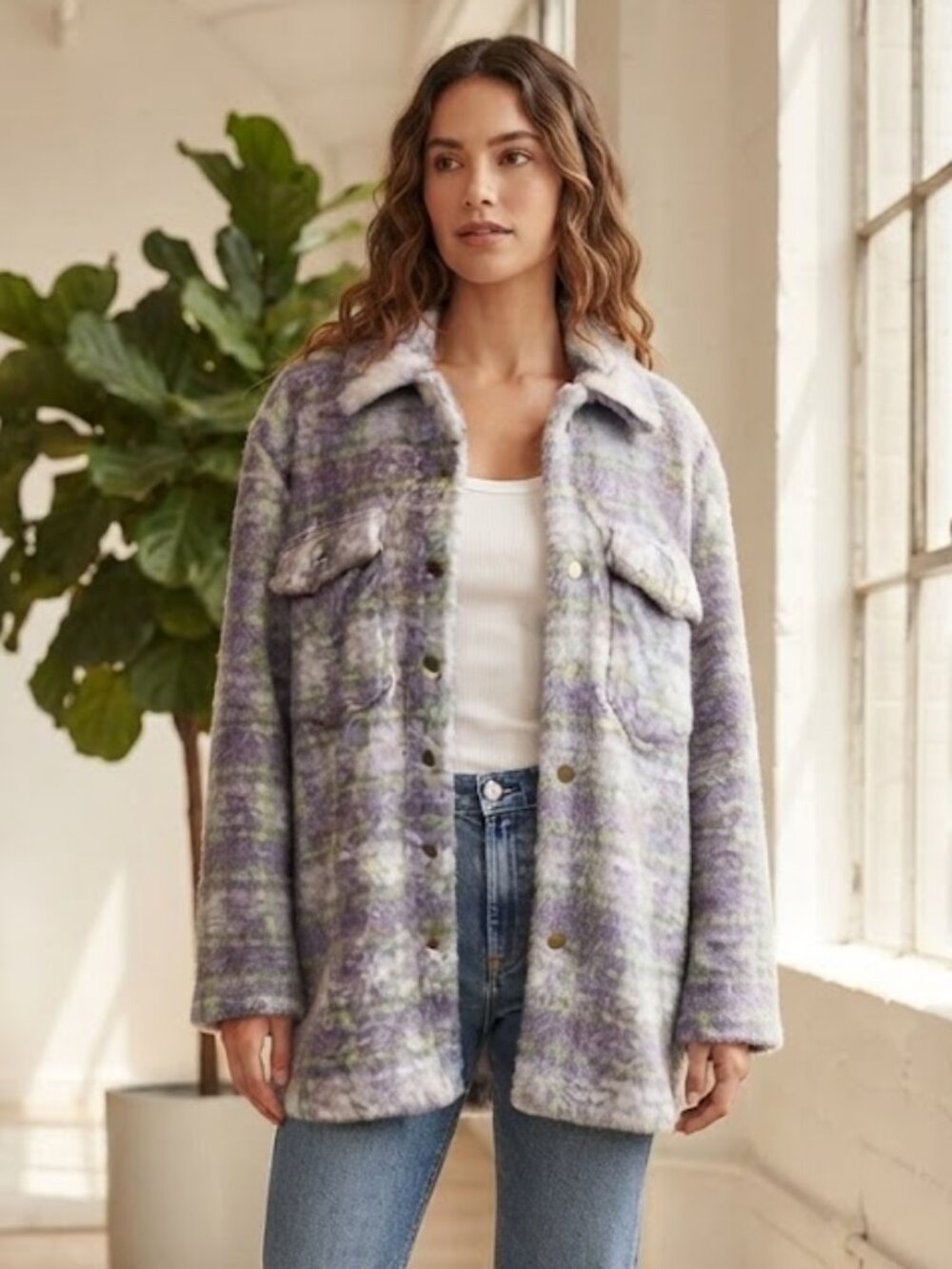 Anthropologie Hutch Size Large Purple Green Yellow Fau Fur Wam Coat Snap Front